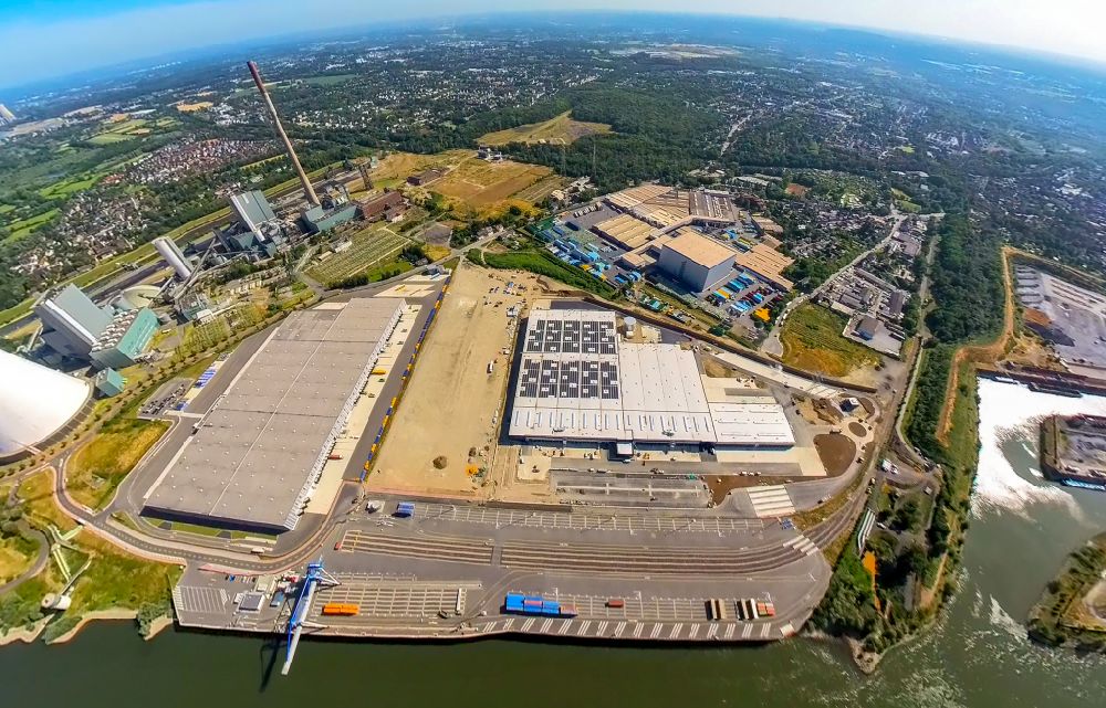 Duisburg from above - High-bay warehouse building complex and logistics center on the premises of logport VI on Rheinstrasse - Faehrstrasse in the district Alt-Walsum in Duisburg at Ruhrgebiet in the state North Rhine-Westphalia, Germany