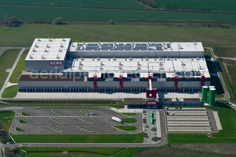 Magdeburg from above - High-bay warehouse building complex and logistics center on the premises von REWE on street Burger Strasse in the district Gewerbegebiet Nord in Magdeburg in the state Saxony-Anhalt, Germany