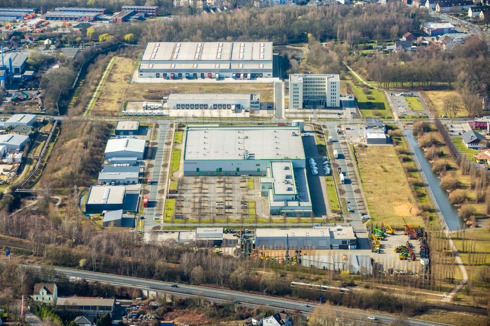 Herne from the bird's eye view: High-bay warehouse building complex and logistics center on the premises Sanacorp Pharmahandel GmbH on Lindenallee in Herne in the state North Rhine-Westphalia