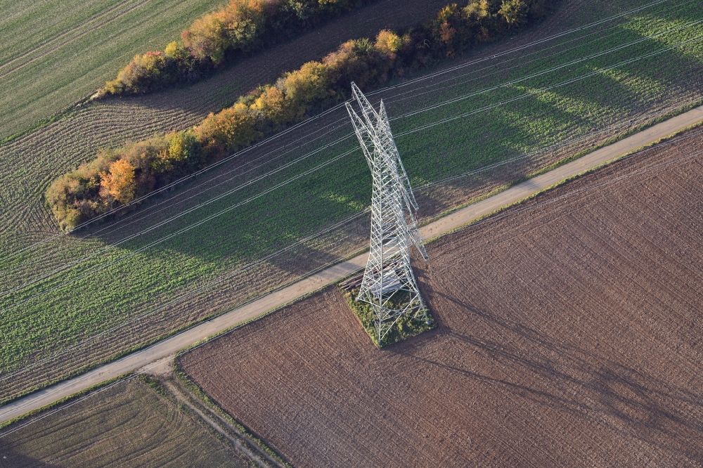 Bonndorf im Schwarzwald from above - Pylon of a power line in the district Dillendorf in Bonndorf in the Black Forest in the state Baden-Wurttemberg, Germany