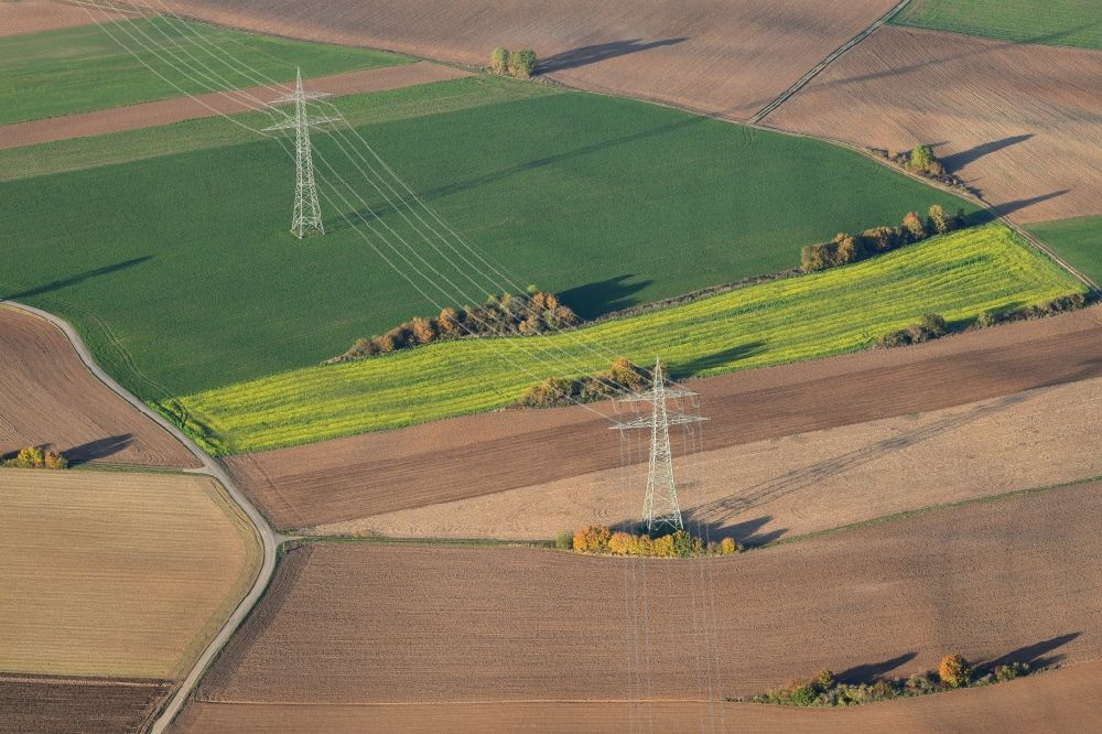 Bonndorf im Schwarzwald from the bird's eye view: Power lines and pylons in the district dillendorf in Bonndorf in the Black Forest in the state Baden-Wurttemberg, Germany