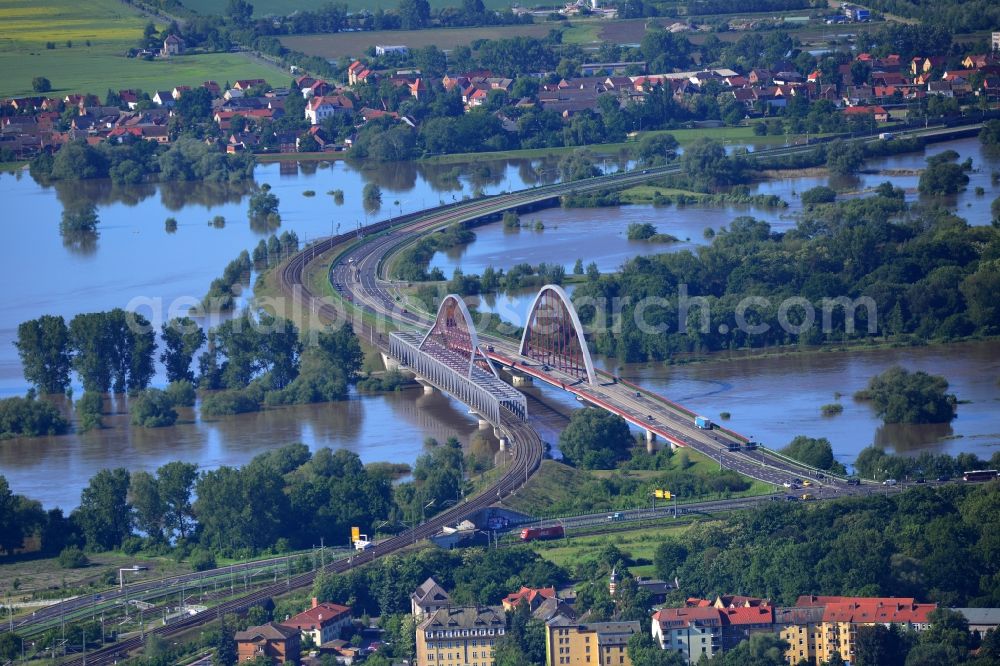 Aerial image Wittenberg - Flood level - situation from flooding and overflow of the banks of the Elbe to the Elbe bridge at Wittenberg in Saxony-Anhalt