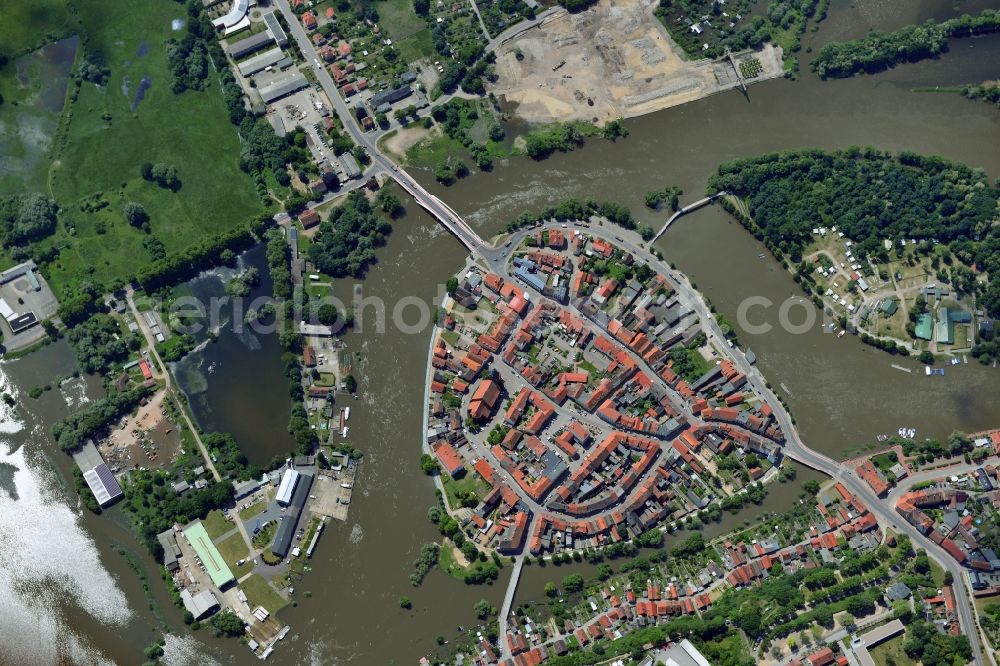 Aerial photograph Hansestadt Havelberg - Flood level - situation from flooding and overflow of the banks of the Elbe along the Lower course at Havelberg in Saxony-Anhalt