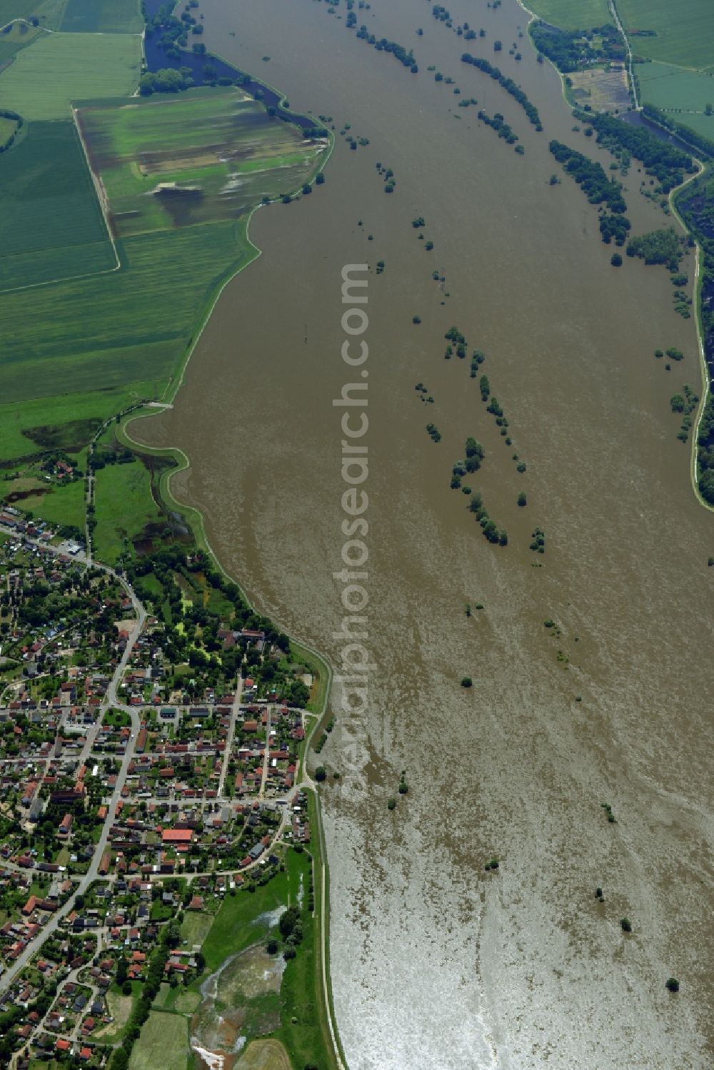 Sandau from above - Flood level - situation from flooding and overflow of the banks of the Elbe along the Lower course at Sandau (Elbe) in Saxony-Anhalt