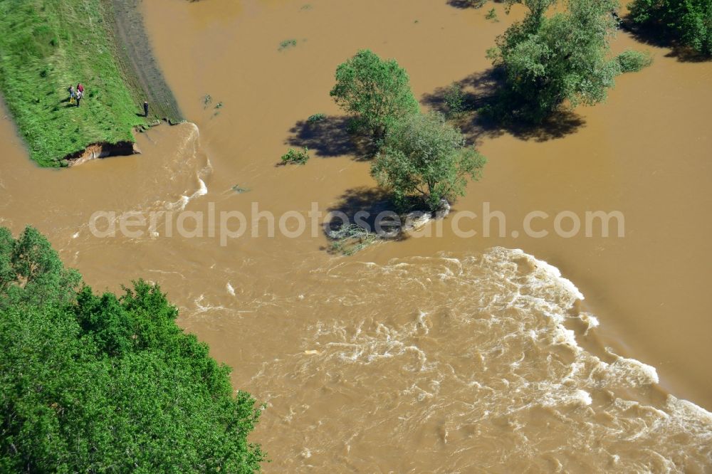 Laußig from above - Flood level - situation from flooding and overflow of the bank of the Mulde in Laußig in Saxony