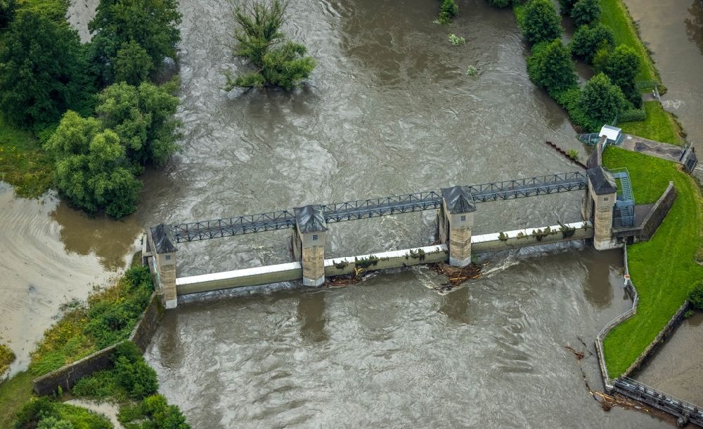Aerial image Wickede (Ruhr) - Flood on the hydroelectric power plant on the river Ruhr in Wickede (Ruhr) in the state of North Rhine-Westphalia, Germany