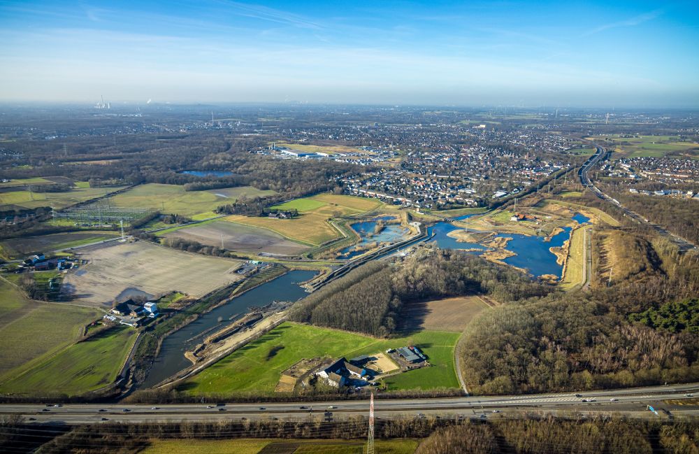 Aerial image Brüninghausen - Flood - retention basin - protective dam construction Hochwasserrueckhaltebecken Mengede / Emscher-Auen in Brueninghausen at Ruhrgebiet in the state North Rhine-Westphalia, Germany