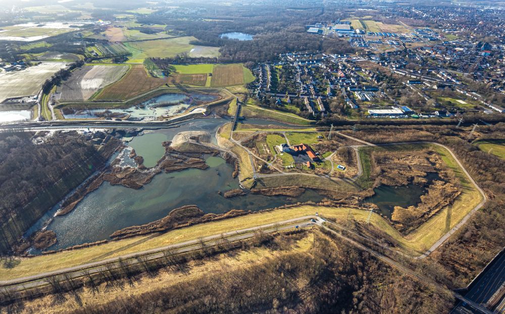 Aerial image Brüninghausen - Flood - retention basin - protective dam construction Hochwasserrueckhaltebecken Mengede / Emscher-Auen in Brueninghausen at Ruhrgebiet in the state North Rhine-Westphalia, Germany