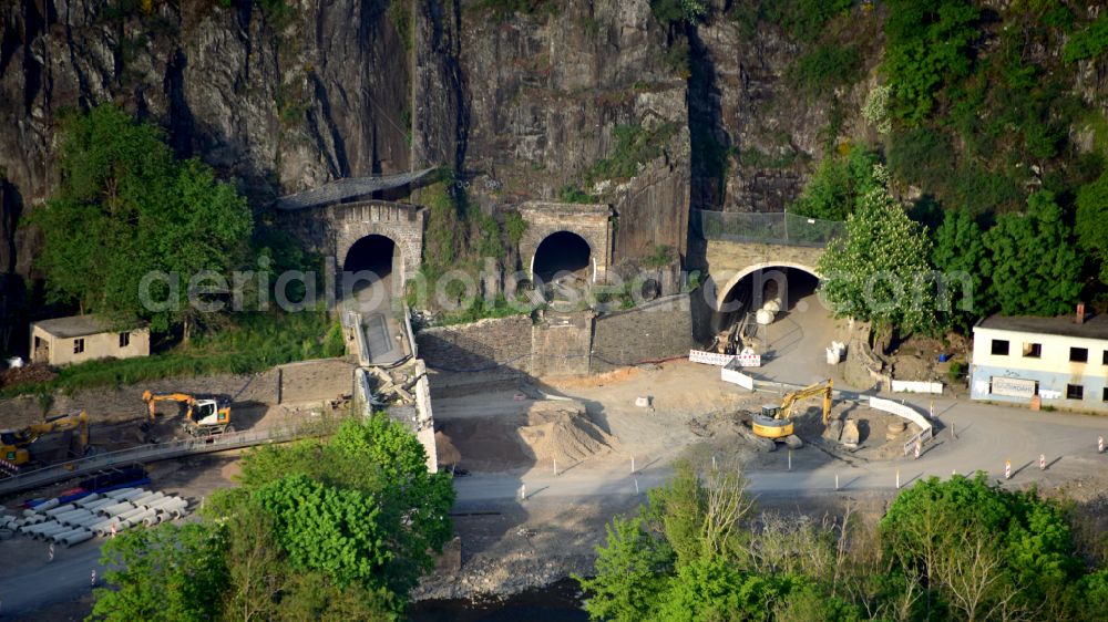 Altenahr from above - Flood damage and reconstruction construction sites in the floodplain of Ahr on street Tunnelstrasse in Altenahr in the state Rhineland-Palatinate, Germany