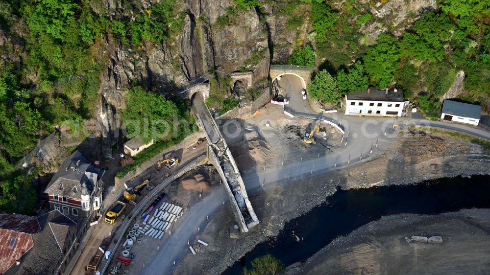 Aerial image Altenahr - Flood damage and reconstruction construction sites in the floodplain of Ahr on street Tunnelstrasse in Altenahr in the state Rhineland-Palatinate, Germany
