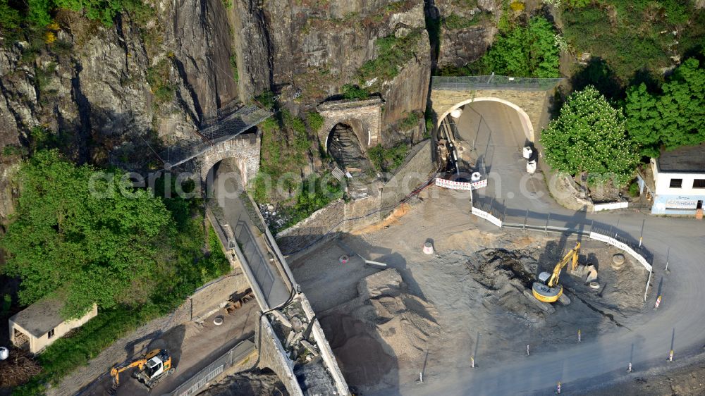 Aerial photograph Altenahr - Flood damage and reconstruction construction sites in the floodplain of Ahr on street Tunnelstrasse in Altenahr in the state Rhineland-Palatinate, Germany