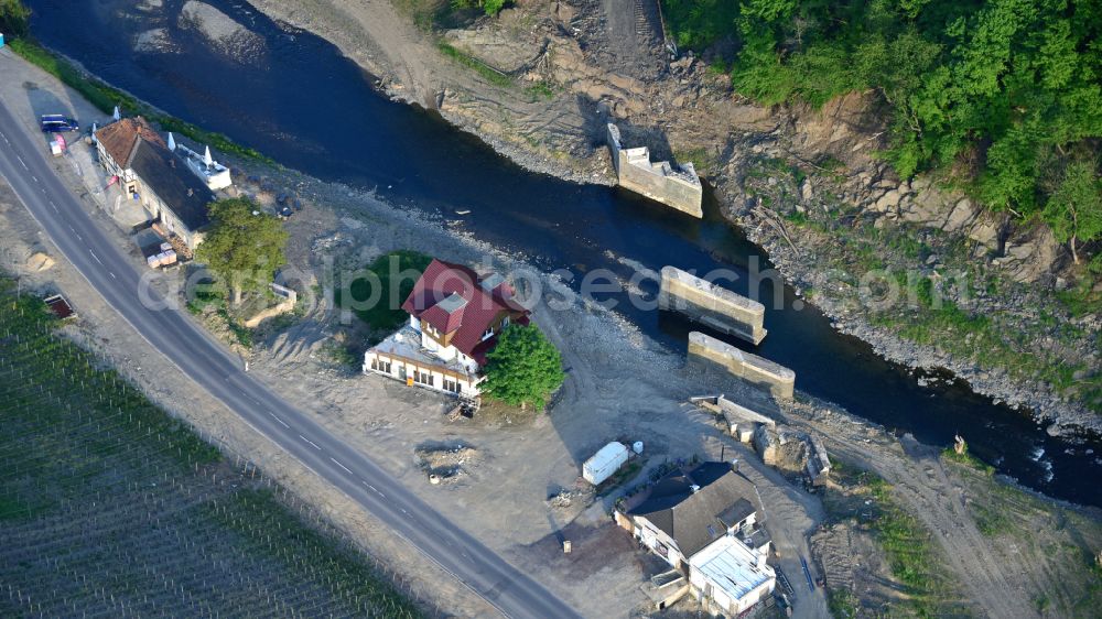 Marienthal from above - Flood damage and reconstruction construction sites in the floodplain of Ahr on street Marienthaler Strasse in Marienthal Ahrtal in the state Rhineland-Palatinate, Germany
