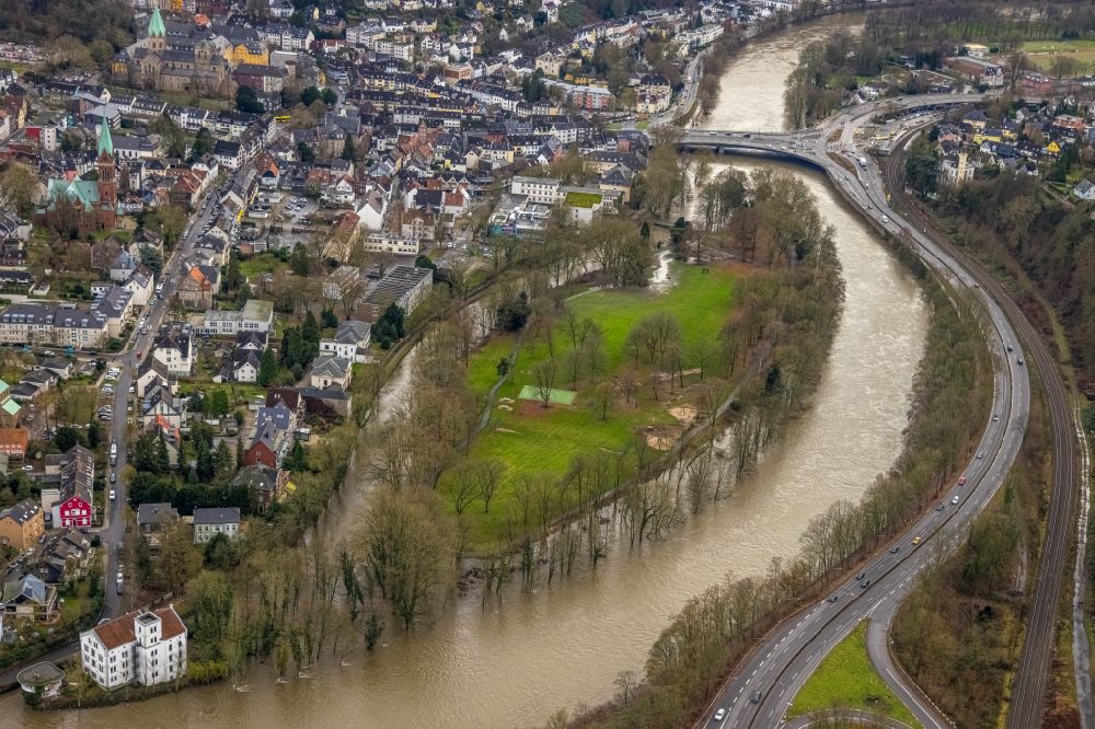 Essen from above - Flood situation and flooding, all-rousing and infrastructure-destroying masses of brown water on the banks of the Ruhr in the district Werden in Essen at Ruhrgebiet in the state North Rhine-Westphalia, Germany