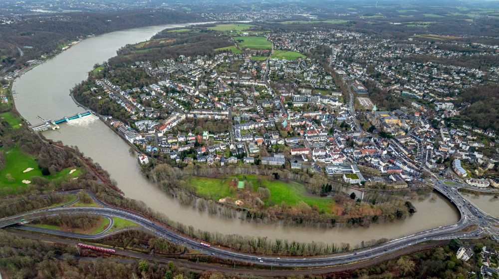Aerial image Essen - Flood situation and flooding, all-rousing and infrastructure-destroying masses of brown water on the banks of the Ruhr in the district Werden in Essen at Ruhrgebiet in the state North Rhine-Westphalia, Germany