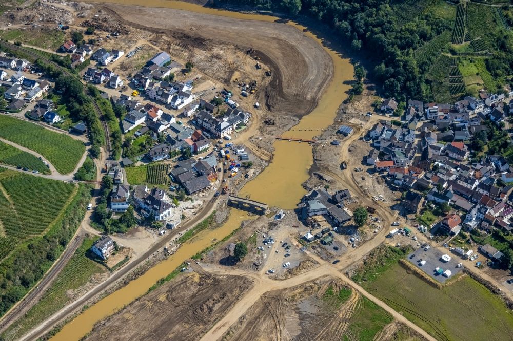 Aerial image Rech - Flood damage and reconstruction construction sites in the floodplain along the Ahr in Rech in the state Rhineland-Palatinate, Germany