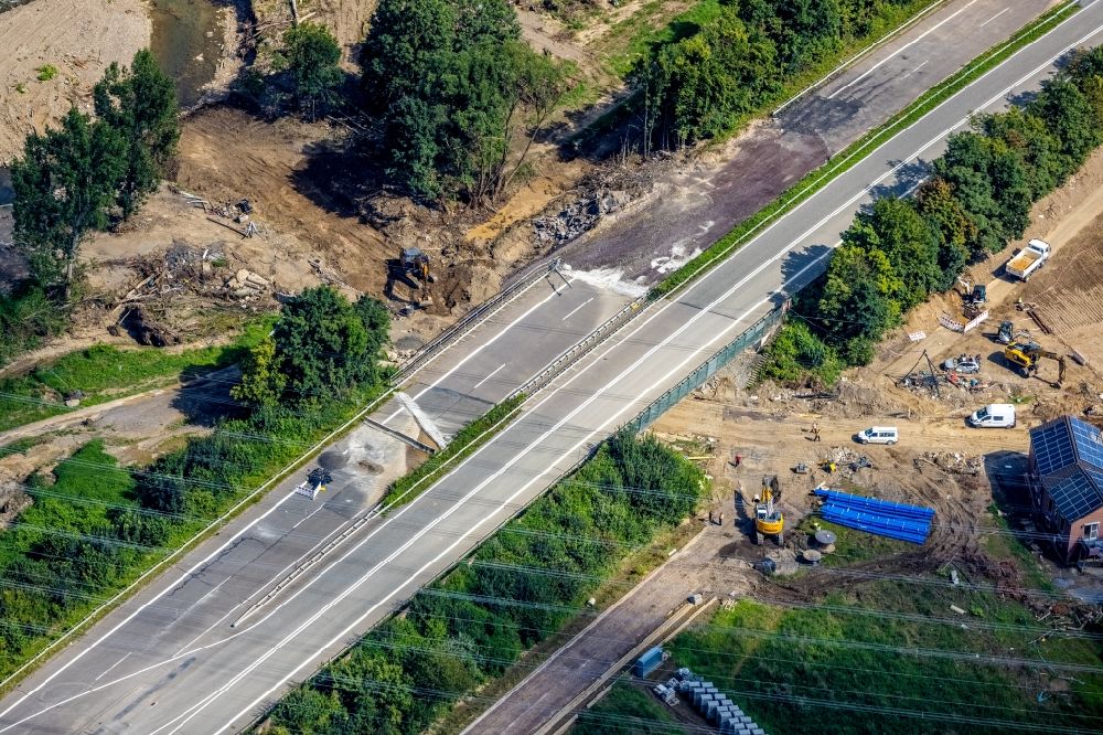 Aerial image Bad Neuenahr-Ahrweiler - Flood damage and reconstruction construction sites in the floodplain along the motorway BAB A571 in Bad Neuenahr-Ahrweiler in the state Rhineland-Palatinate, Germany