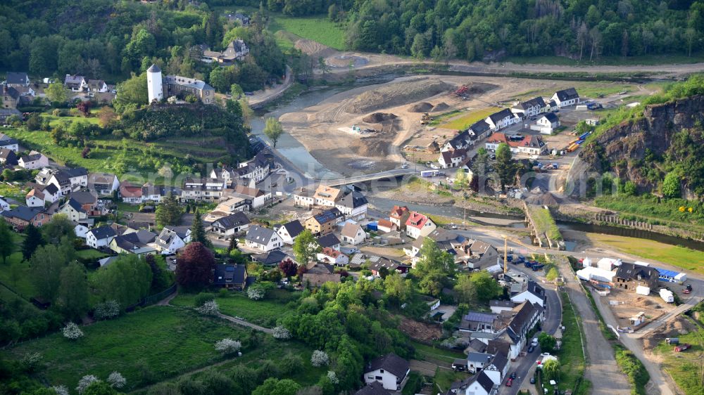 Aerial image Altenahr - Flood damage and reconstruction construction sites in the floodplain on riverside of Ahr in Altenahr Ahrtal in the state Rhineland-Palatinate, Germany