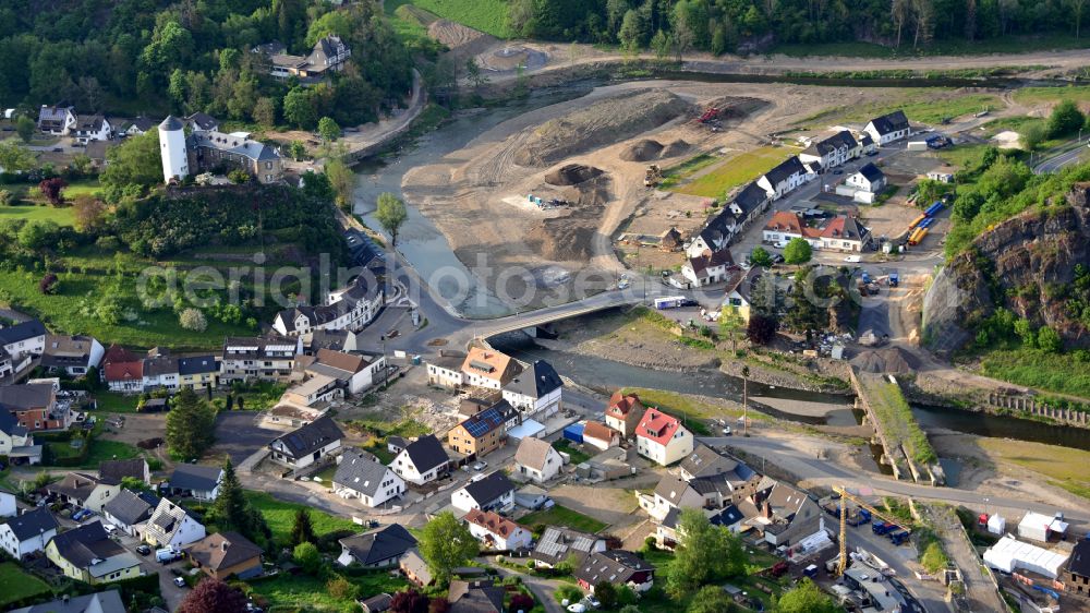 Aerial photograph Altenahr - Flood damage and reconstruction construction sites in the floodplain on riverside of Ahr in Altenahr Ahrtal in the state Rhineland-Palatinate, Germany