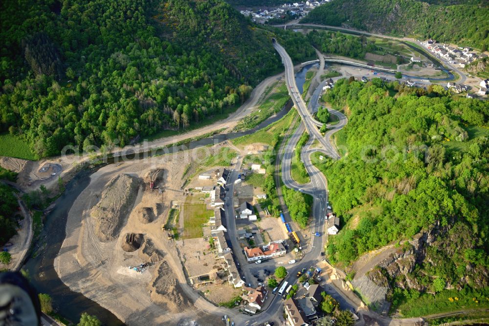 Aerial photograph Altenahr - Flood damage and reconstruction construction sites in the floodplain on riverside of Ahr in Altenahr Ahrtal in the state Rhineland-Palatinate, Germany