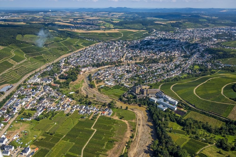 Aerial photograph Bad Neuenahr-Ahrweiler - Flood damage and reconstruction construction sites in the floodplain on riverside of Ahr in Bad Neuenahr-Ahrweiler in the state Rhineland-Palatinate, Germany