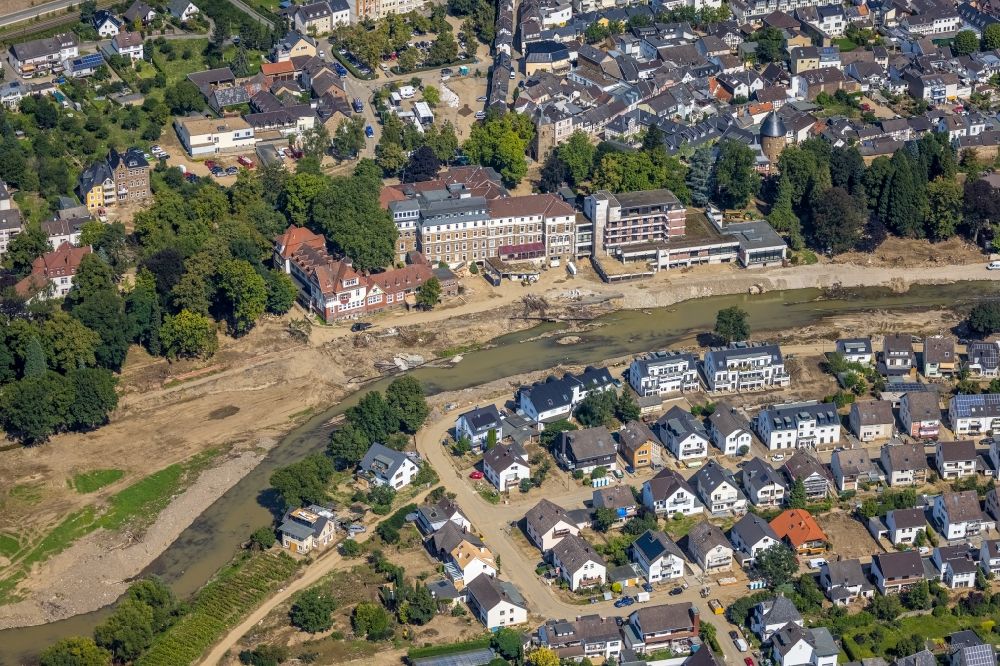Aerial image Bad Neuenahr-Ahrweiler - Flood damage and reconstruction construction sites in the floodplain on riverside of Ahr in Bad Neuenahr-Ahrweiler in the state Rhineland-Palatinate, Germany