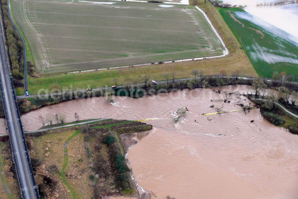 Aerial image Northeim - Flood situation and flooding, all-rousing and infrastructure-destroying masses of brown water in Northeim in the state Lower Saxony, Germany