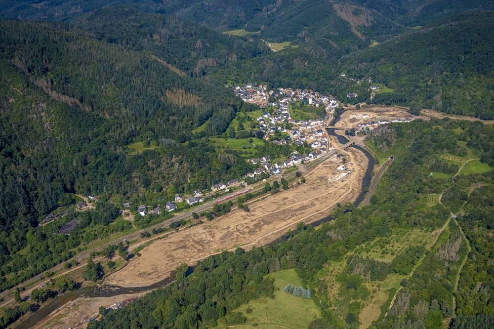 Aerial photograph Altenahr - Flood damage and reconstruction construction sites in the floodplain on shore of Ahr in Altenahr in the state Rhineland-Palatinate, Germany