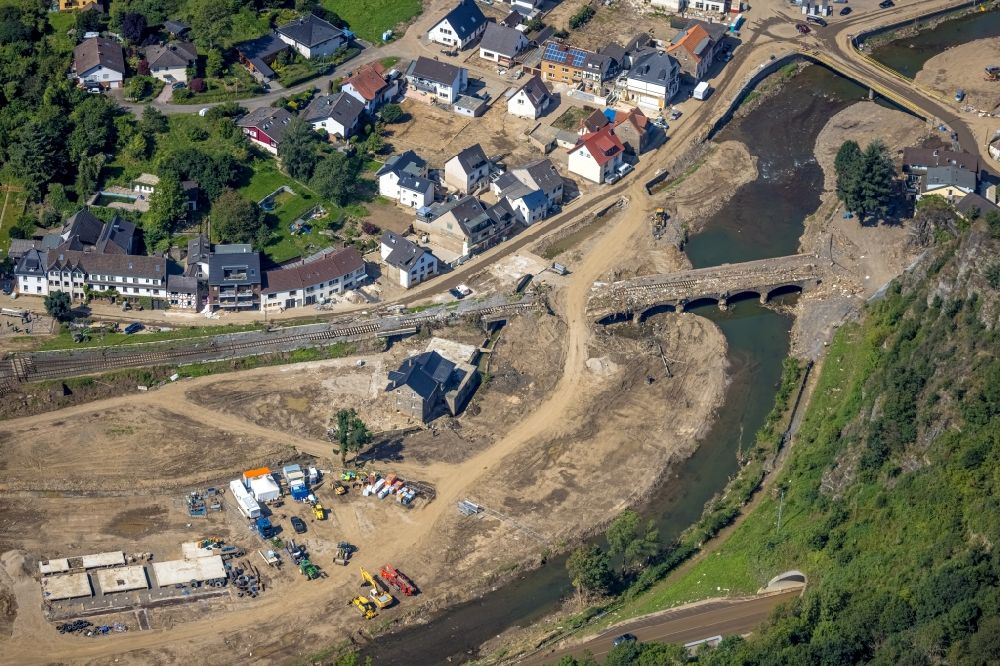 Altenahr from above - Flood damage and reconstruction construction sites in the floodplain on shore of Ahr in Altenahr in the state Rhineland-Palatinate, Germany