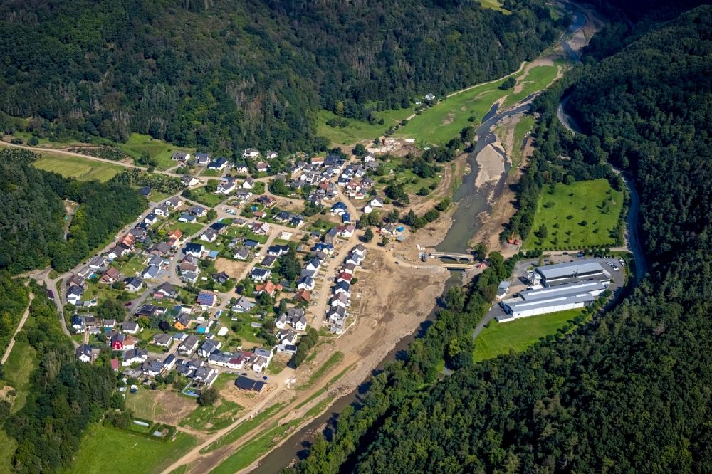 Hönningen from above - Flood damage and reconstruction construction sites in the floodplain on riverside of Ahr in Hoenningen in the state Rhineland-Palatinate, Germany