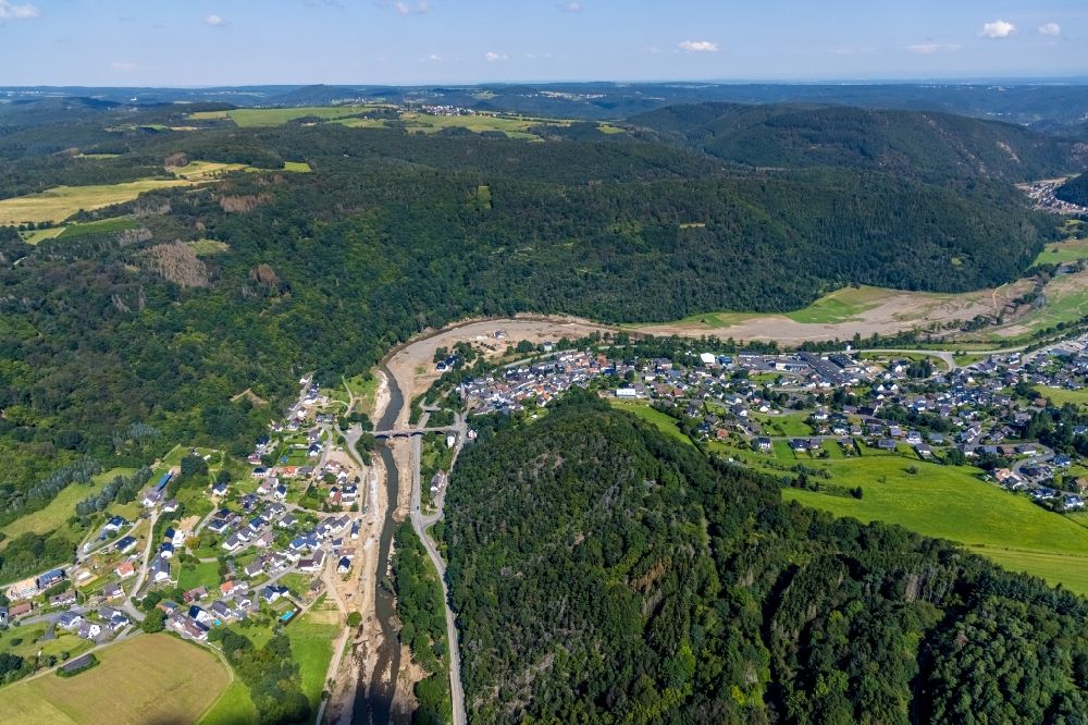 Aerial image Hönningen - Flood damage and reconstruction construction sites in the floodplain on riverside of Ahr in Hoenningen in the state Rhineland-Palatinate, Germany