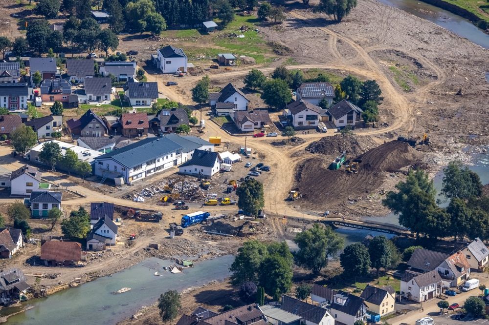 Insul from the bird's eye view: Flood damage and reconstruction construction sites in the floodplain on riverside of Ahr in Insul in the state Rhineland-Palatinate, Germany