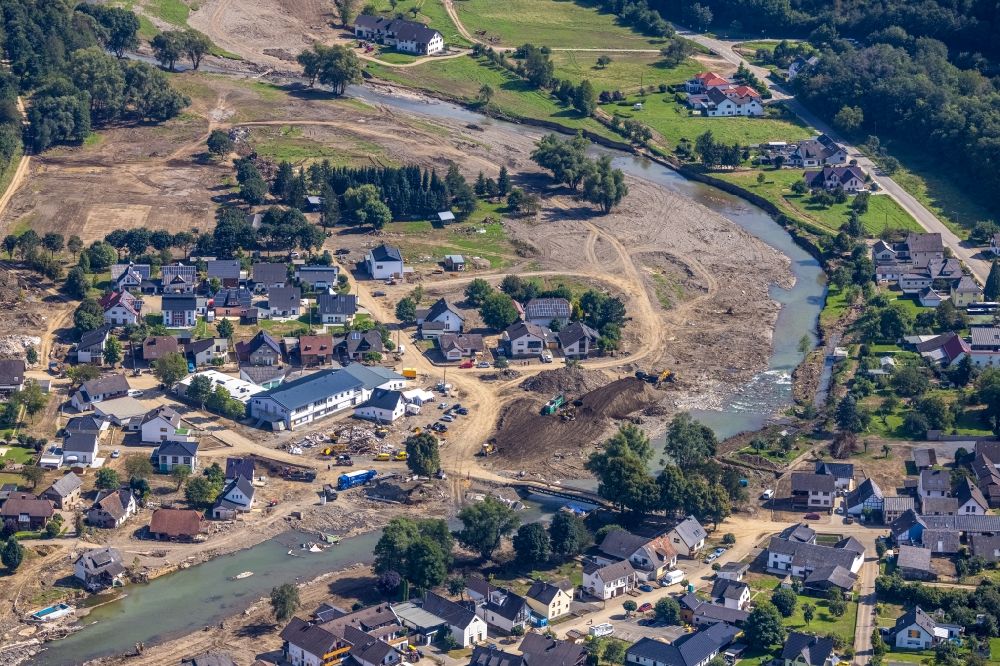 Aerial photograph Insul - Flood damage and reconstruction construction sites in the floodplain on riverside of Ahr in Insul in the state Rhineland-Palatinate, Germany