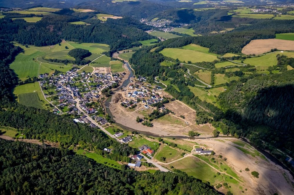 Aerial image Insul - Flood damage and reconstruction construction sites in the floodplain on riverside of Ahr in Insul in the state Rhineland-Palatinate, Germany