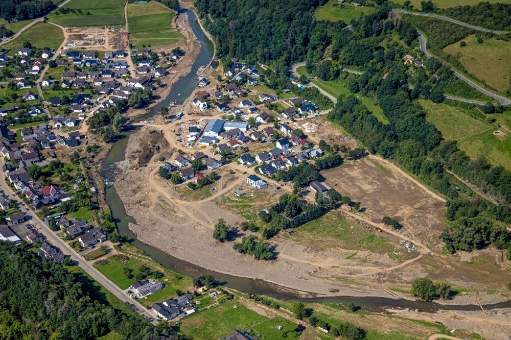 Aerial photograph Insul - Flood damage and reconstruction construction sites in the floodplain on riverside of Ahr in Insul in the state Rhineland-Palatinate, Germany