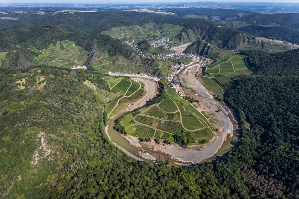 Aerial image Mayschoß - Flood damage and reconstruction construction sites in the floodplain on riverside of Ahr in Mayschoss in the state Rhineland-Palatinate, Germany