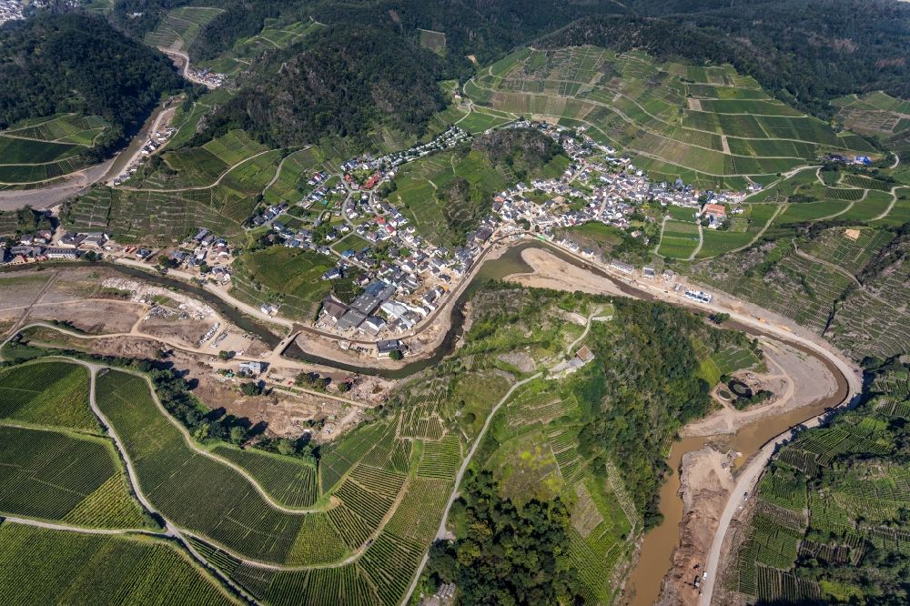 Aerial image Mayschoß - Flood damage and reconstruction construction sites in the floodplain on riverside of Ahr in Mayschoss in the state Rhineland-Palatinate, Germany
