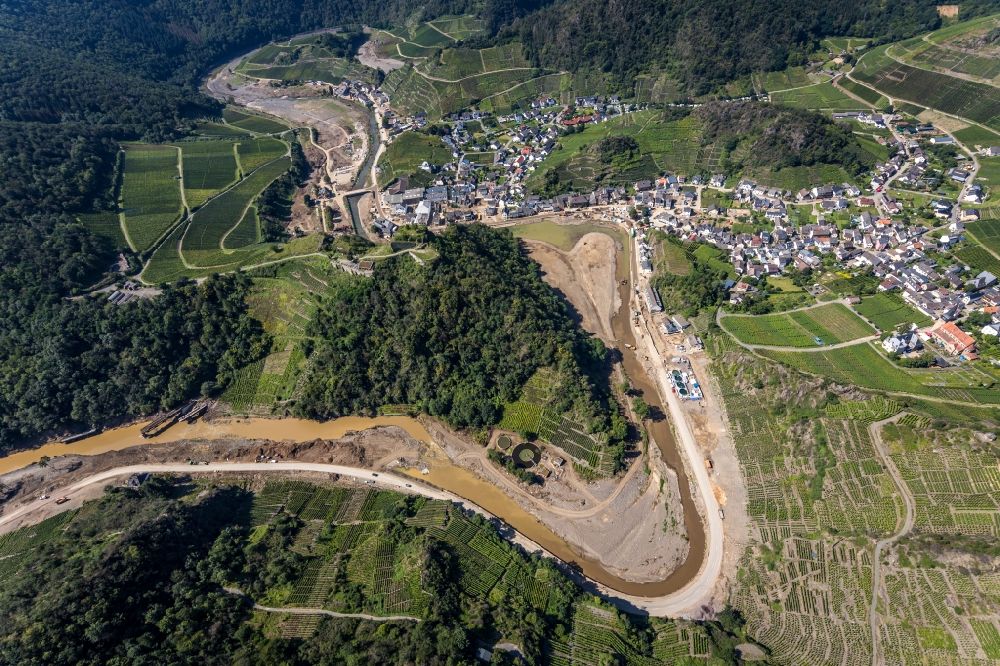 Mayschoß from above - Flood damage and reconstruction construction sites in the floodplain on riverside of Ahr in Mayschoss in the state Rhineland-Palatinate, Germany