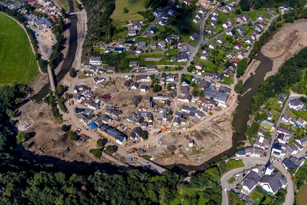Aerial photograph Schuld - Flood damage and reconstruction construction sites in the floodplain on curse of Ahr in Schuld in the state Rhineland-Palatinate, Germany