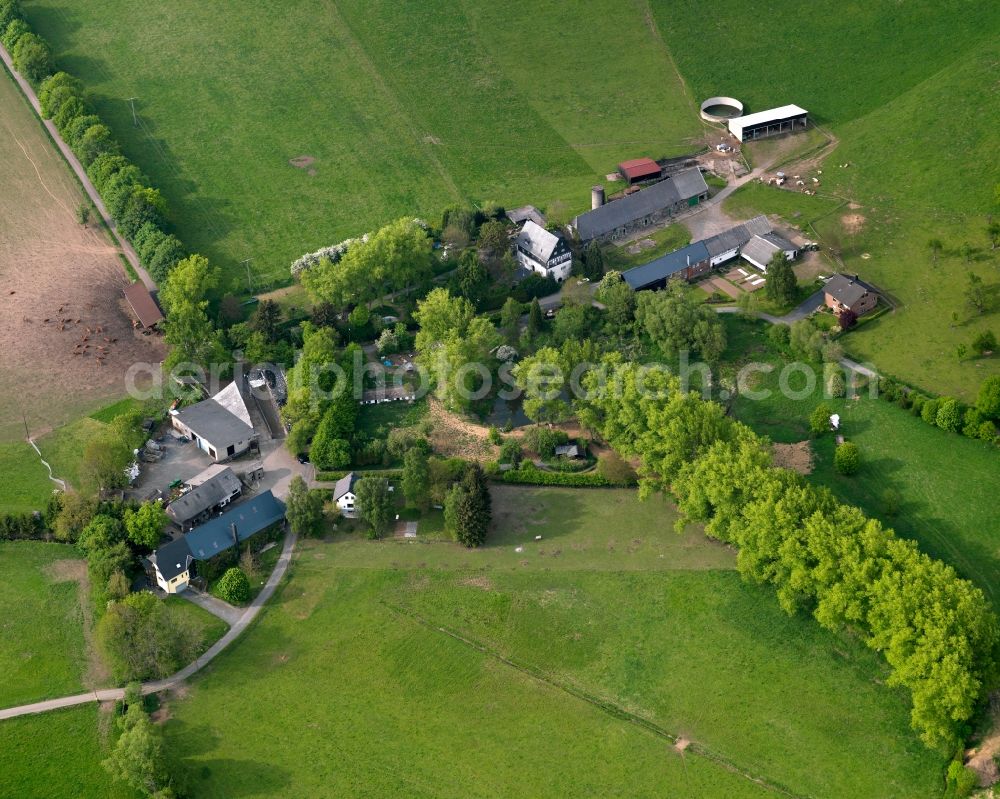 Aerial photograph Härtlingen - Farm estate Westert in the borough of Haertlingen in the state of Rhineland-Palatinate. The borough and municipiality is located in the county district of Westerwaldkreis in the valley of Elbbach creek. Haertlingen is surrounded by agricultural land, hills and meadows and includes several hamlets such as the farm and agricultural estate Westert