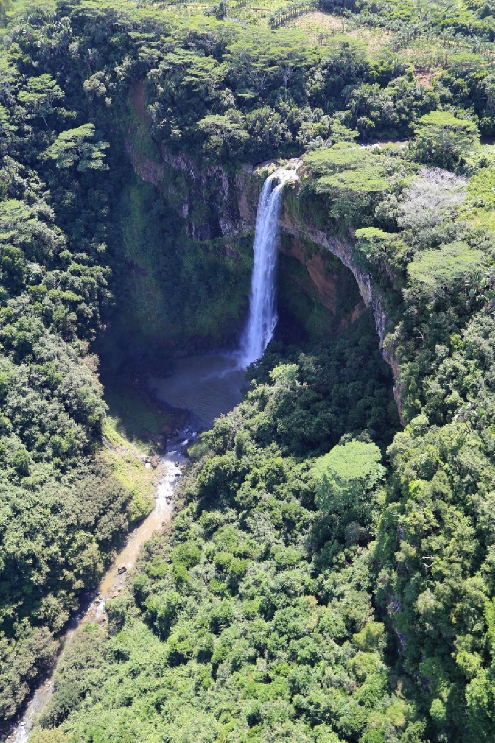 Aerial image Chamarel Waterfall - Tourist attraction, the falls at at Chamarel ( Cascade Chamarel ) on the island Mauritius in the Indian Ocean
