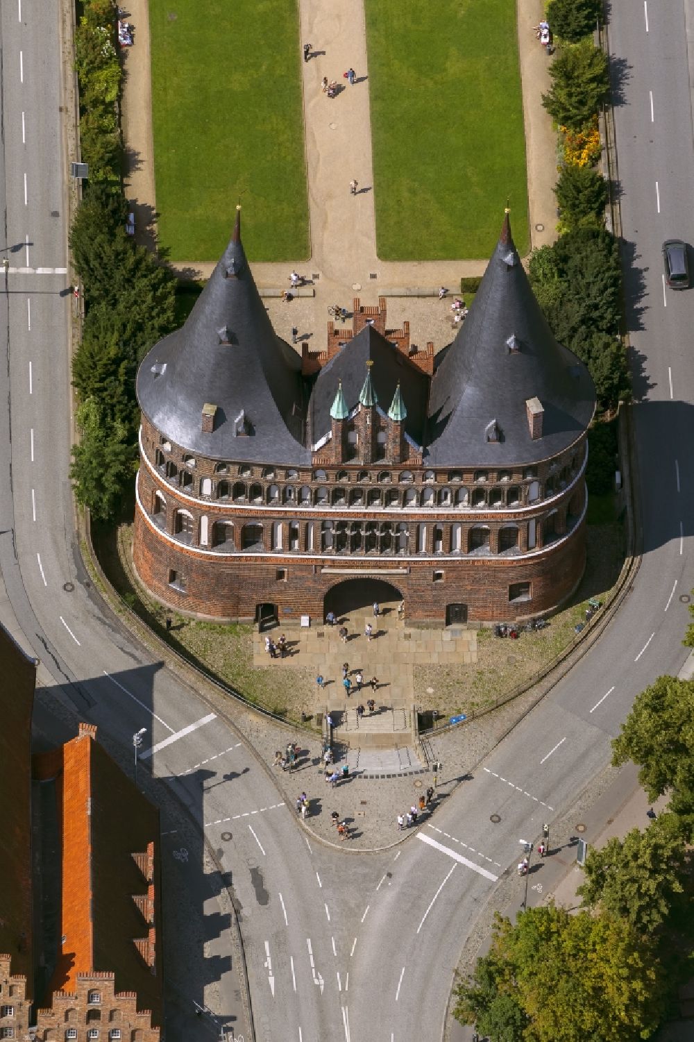 Lübeck from the bird's eye view: Holsten Gate in the city center of the old town - center of Lübeck in Schleswig-Holstein