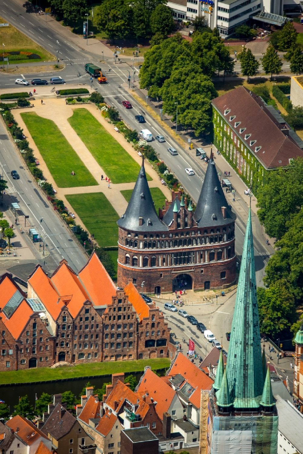 Lübeck from the bird's eye view: Holsten Gate in the city center of the old town - center of Luebeck in Schleswig-Holstein
