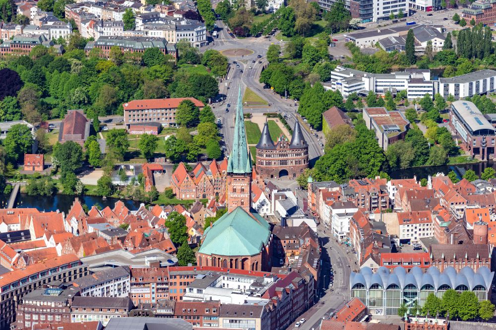 Lübeck from above - Holsten Gate in the city center of the old town - center of Luebeck in Schleswig-Holstein