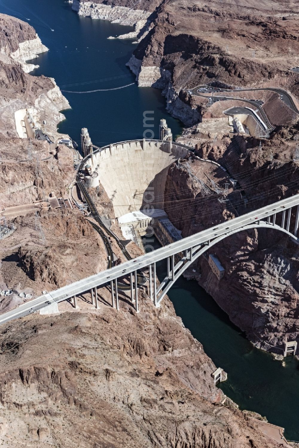 Las Vegas from above - Hoover Dam wall at the reservoir Lake Mead in Boulder City in Nevada, United States of America