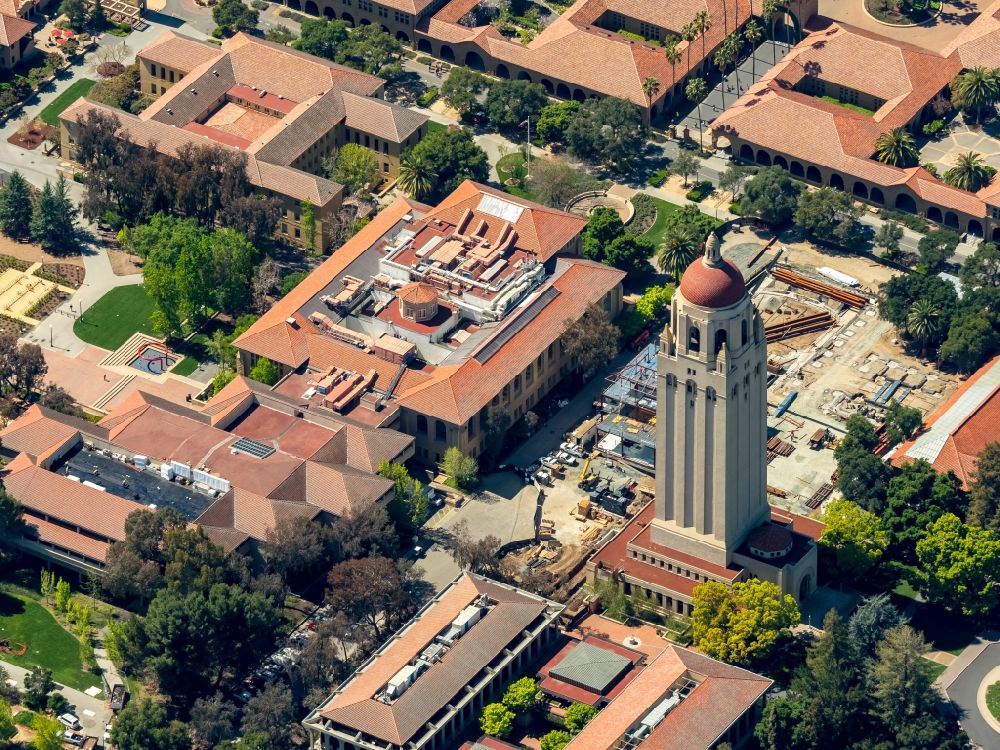 Aerial image Stanford - Hoover Tower on campus of Stanford University (Leland Stanford Junior University) in Stanford in California in the USA. The tower is home to the Hoover Institution Library and Archives