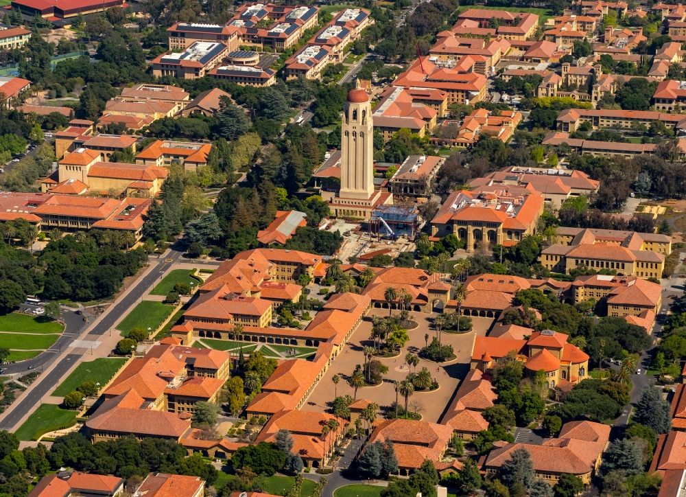 Aerial image Stanford - Hoover Tower on campus of Stanford University (Leland Stanford Junior University) in Stanford in California in the USA. The tower is home to the Hoover Institution Library and Archives