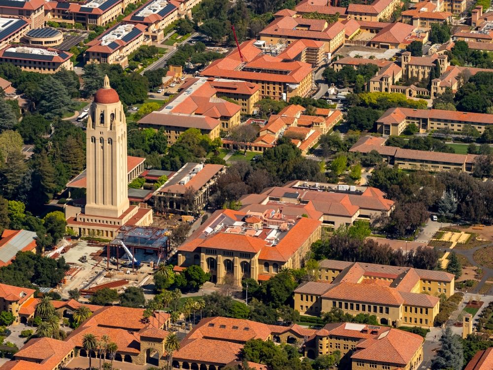 Aerial photograph Stanford - Hoover Tower on campus of Stanford University (Leland Stanford Junior University) in Stanford in California in the USA. The tower is home to the Hoover Institution Library and Archives