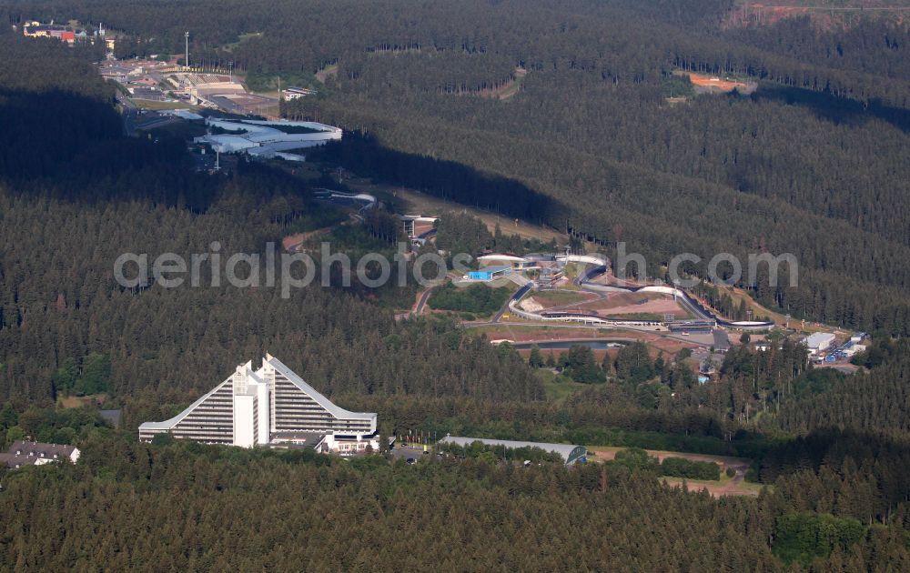 Oberhof from the bird's eye view: High-rise building of the hotel complex Ahorn Panorama in Oberhof in the state Thuringia, Germany