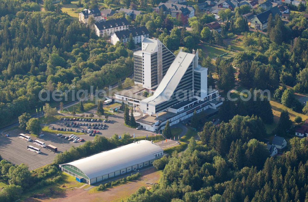Oberhof from the bird's eye view: High-rise building of the hotel complex Ahorn Panorama in Oberhof in the state Thuringia, Germany