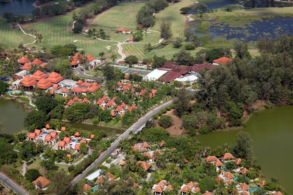 Aerial photograph Choeng Thale - Resort and golf course with cottages partially of typical architectural style of buildings in Choeng Thale on the island of Phuket in Thailand